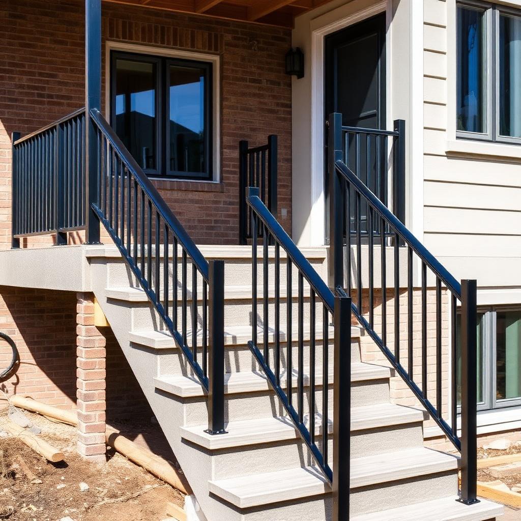 Rampe d'escalier extérieur en aluminium noir sur un triplex